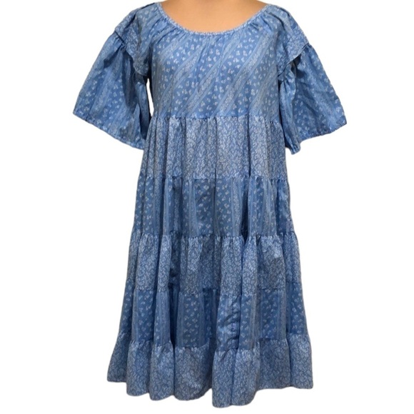 Vintage Peasant Dress Size Large Sky Blue Mixed Floral Print Tiered Midi - Picture 1 of 9